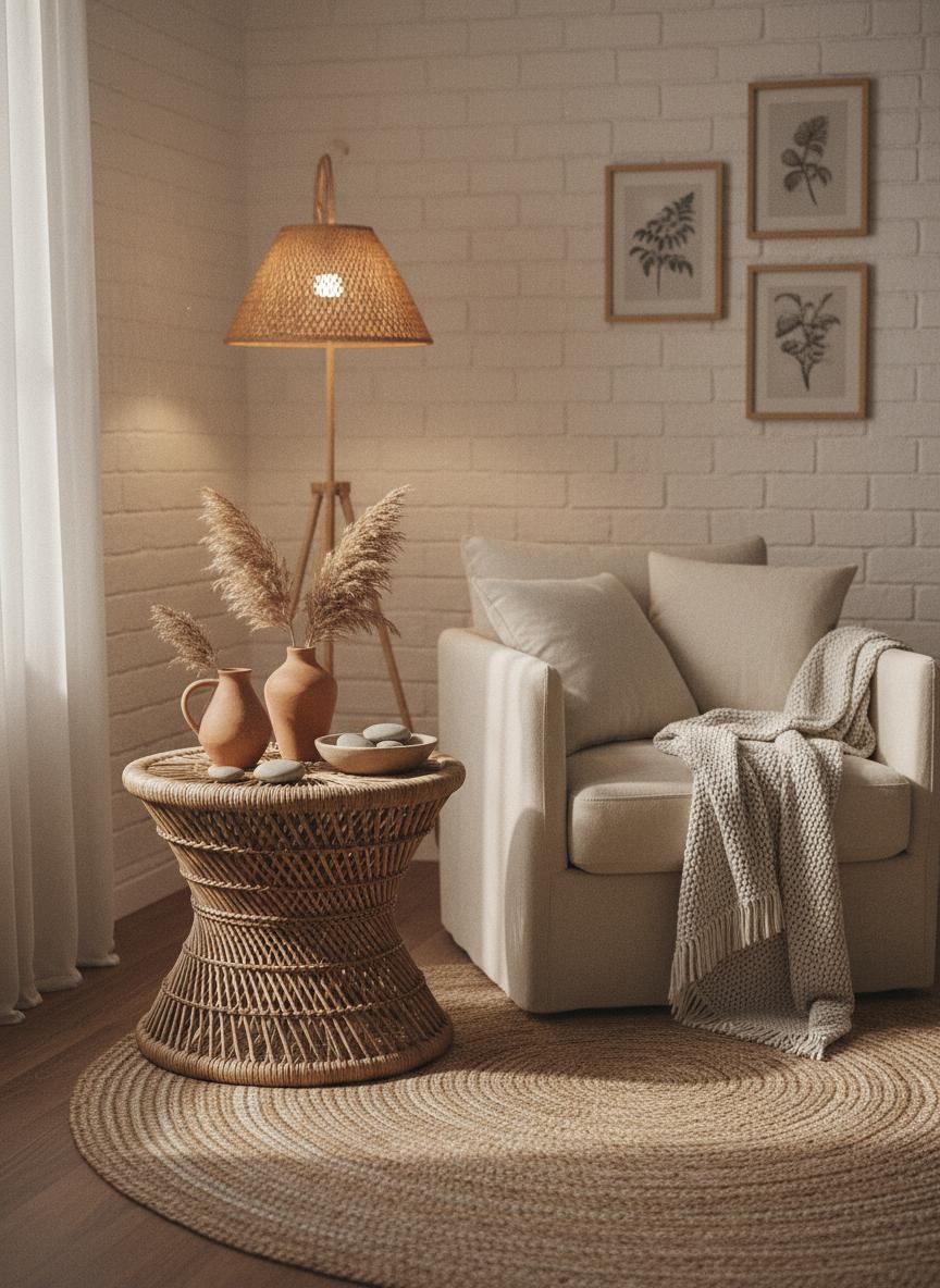 Cozy interior with woven textures
