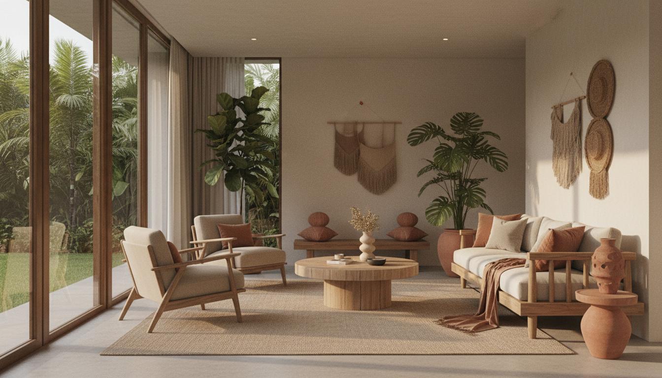 Modern living room with natural wood furniture